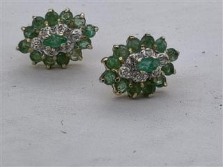 Emerald Gold-Diamond & Stone Earrings 12 Diamonds .36 Carat T.W.